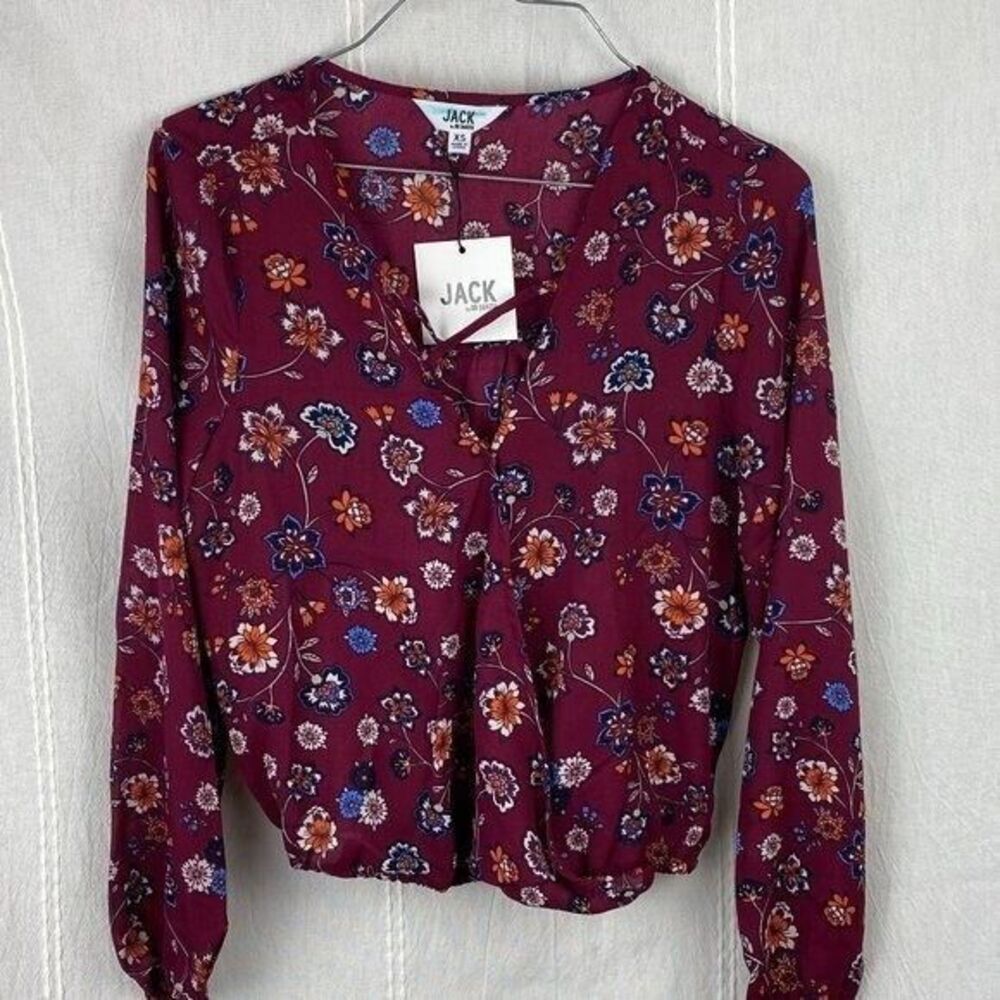 Jack by BB Dakota Burgundy Floral Blouse Faux Wrap Polyester‎ Size XS